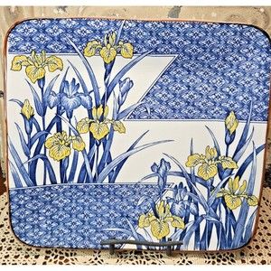 Vintage Ceramic Toyo Serving Platter Yellow Irises Blue Square 12" (read)